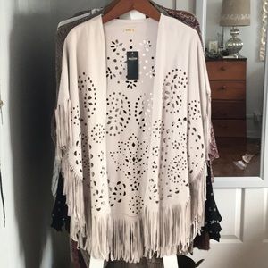 Light grey boho fringe faux-suede cardigan
